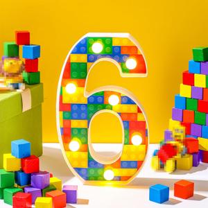 Baquler Building Block Light up Number Birthday Decoration Sign Marquee LED Numbers for Party Lighted Building Block Theme Birthday Party Supplies 8.58'' (Number 6)
