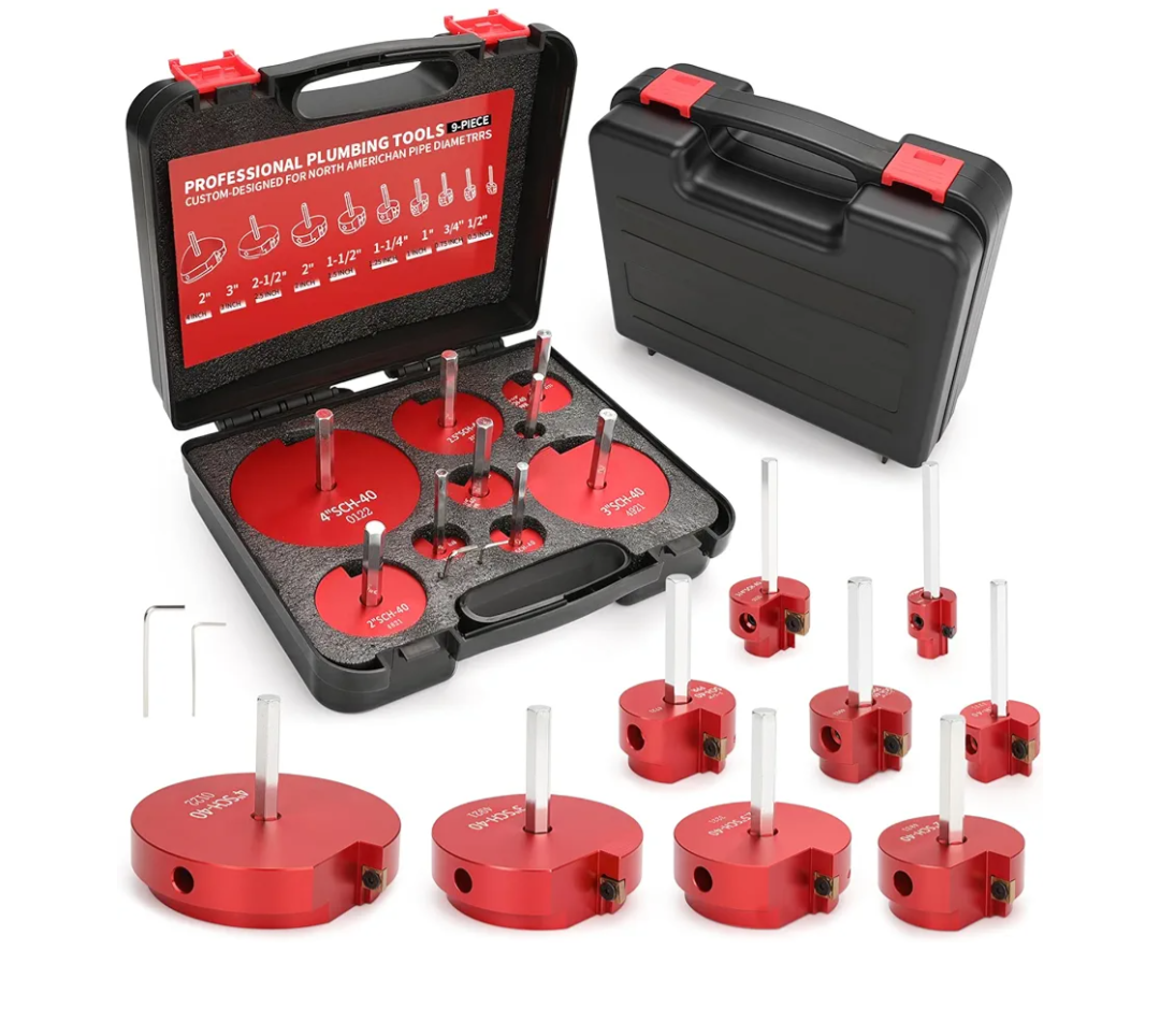 9 Pcs PVC Pipe Reamer Kit With 1/2 inch, 3/4 inch, 1 inch, 1-1/4inch, 1-1/2inch, 2inch, 2-1/2inch, 3inch, 4inch, 2 Carbide Inserts,for SCH40 PVC, ABS, and CPVC pipe jacketing