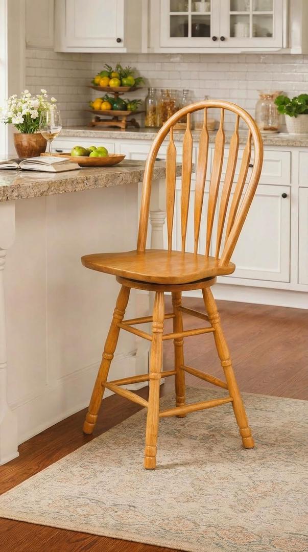 Sunset Trading Selections 24" Counter Height Swivel Barstool | Farmhouse Country Cottage Windsor Arrowback Caf Stool | Light Oak Solid Wood | Dining Room Kitchen Home Bar Furniture