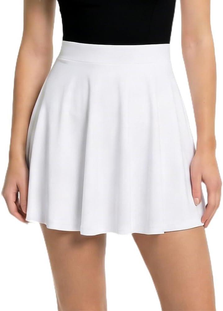eoeoo Women's Flared Mini Skirt Stretchy High Waist Flowy Ruffle Hem Skater Skirt (White, M)