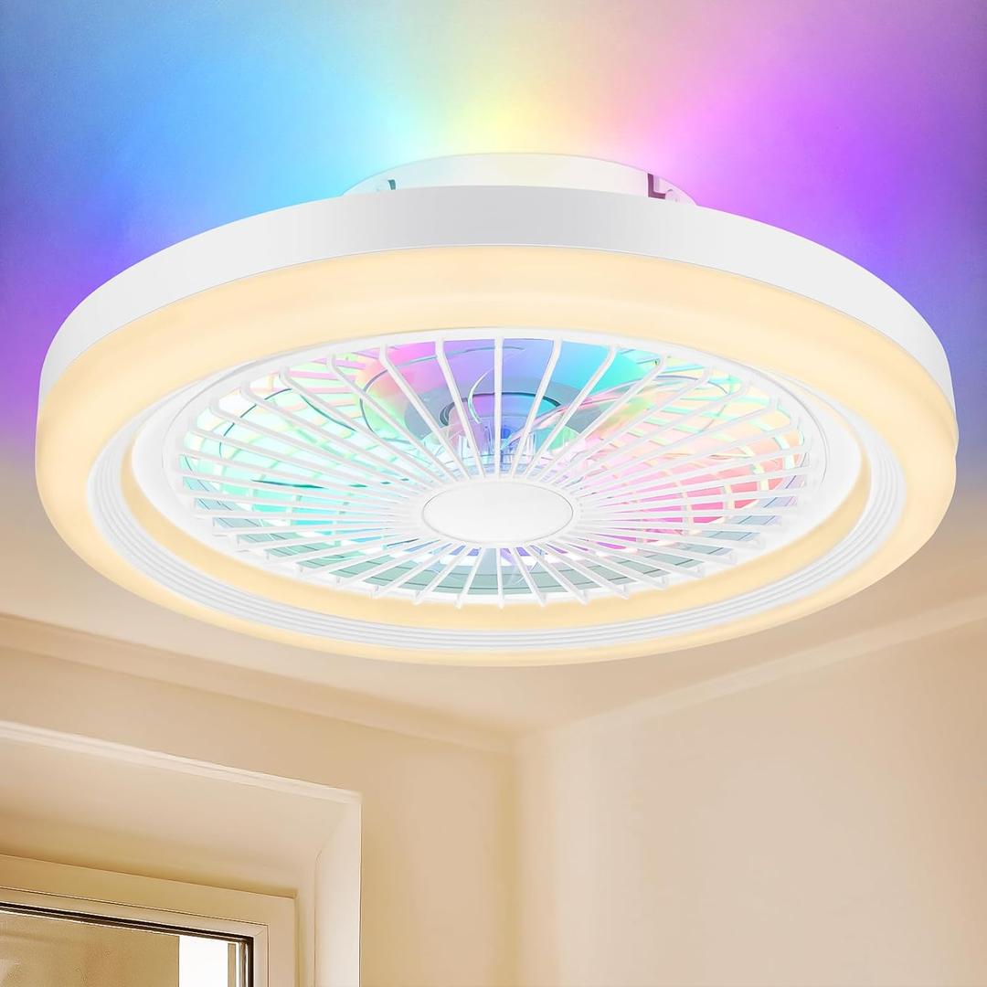 2-in-1 Low Profile Ceiling Fan with Light, 20 Caged Safety Design for Kids - Back RGB Color, Smart APP/Remote Control, Quiet Flush Mount DC Motor, Ideal for Bedroom/Living Room/Kitchen, White