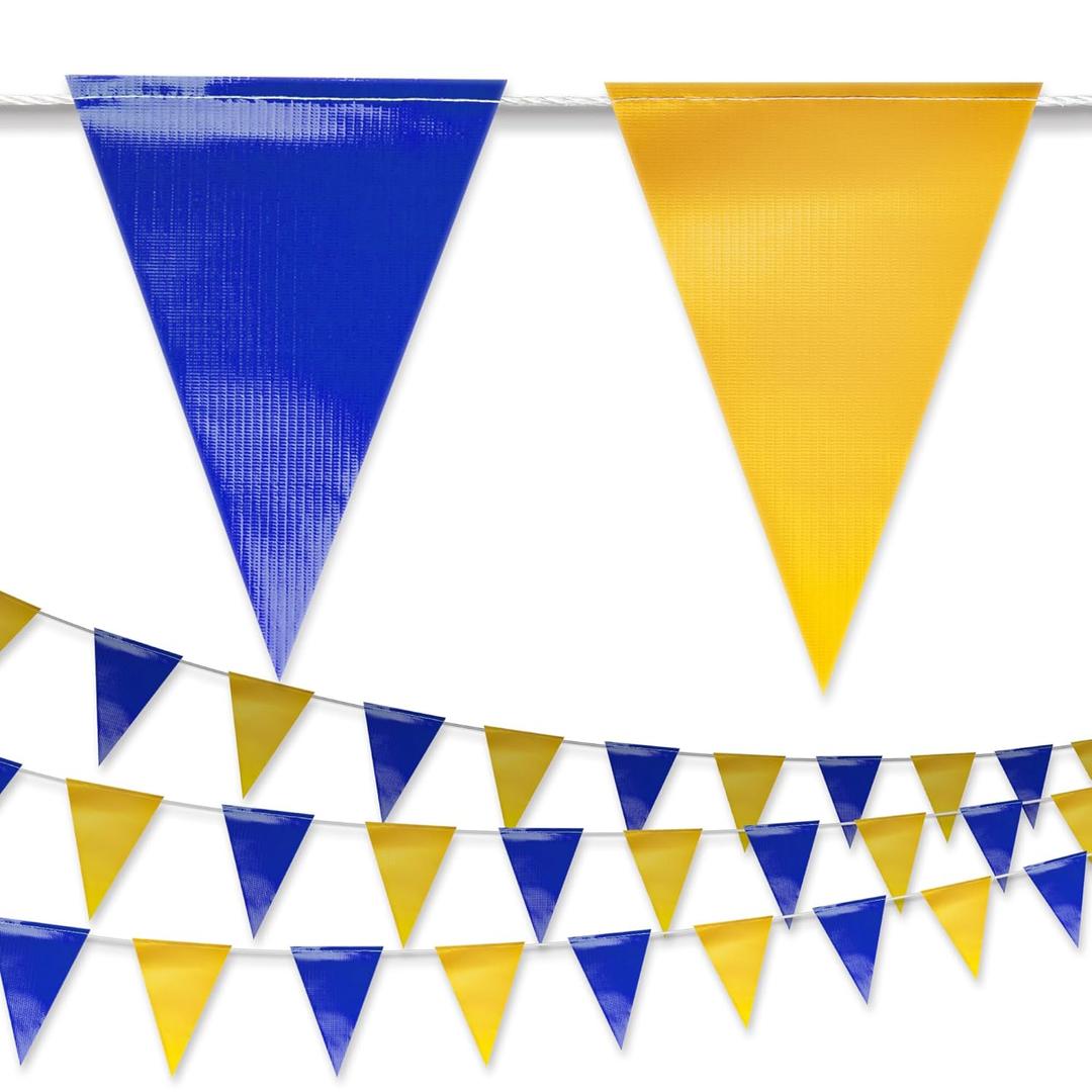 Blue & Yellow Pennant Banner Flags | Heavy-Duty Outdoor | OSHA 500lb Rated | Strand Fade Resistant 102FT