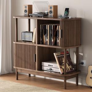 40" Large Record Player Stand with Charging Station, Mid Century Modern Turntable Cabinet with Sliding Doors, Wood Vinyl Record Storage Stand for Living Room Music Corner (Walnut)