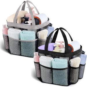 Attmu Mesh Shower Caddy Portable for College Dorm Room Camping Essentials, Shower Caddy Dorm with 9-Pockets, Large Capacity Hanging Basket Bathroom Bag for Toiletry, Swimming, Gym, Camp, Beach (Black Grey)