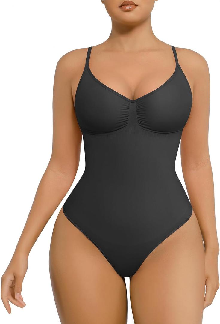 FeelinGirl Shapewear Bodysuit for Women Tummy Control Seamless Sculpting Snatched Waist Body Suit Body Shaper Thong (X-Large-XX-Large, A1-black)