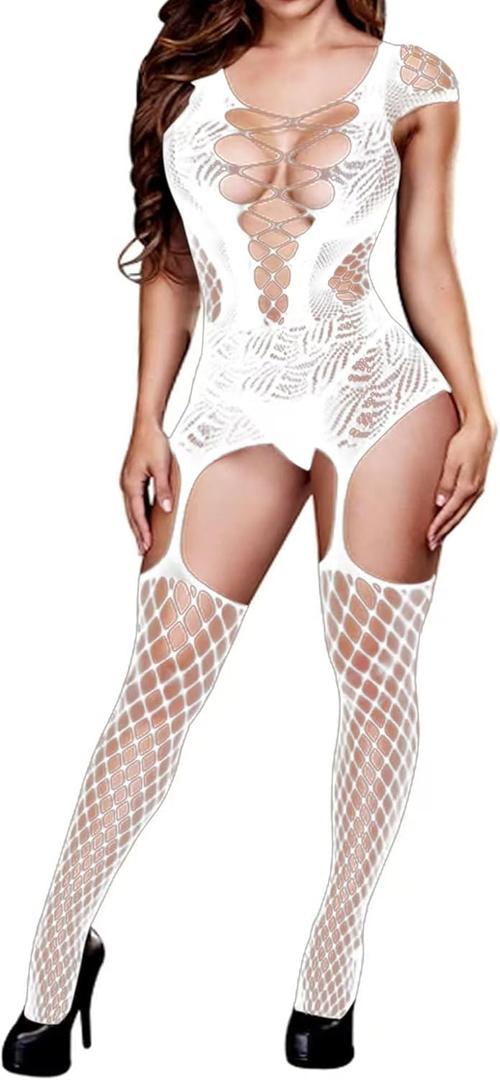 XIUSEMY Women Sexy Bodysuit Fishnet Bodystocking One Piece Badydoll Nightwear(One Size, WK White)