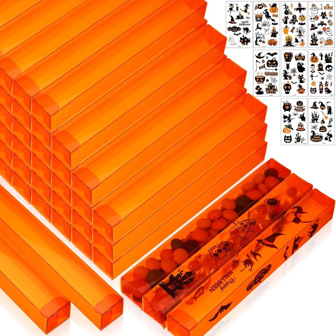 Motiskyy 48 Pcs Halloween Candy Tubes Trick or Treat Containers with DIY Stickers 4.5 oz Plastic Candy Holder Boxes Gumball Tubes Pretzels Rods Boxes for Halloween Party Supplies DIY Prizes Gift