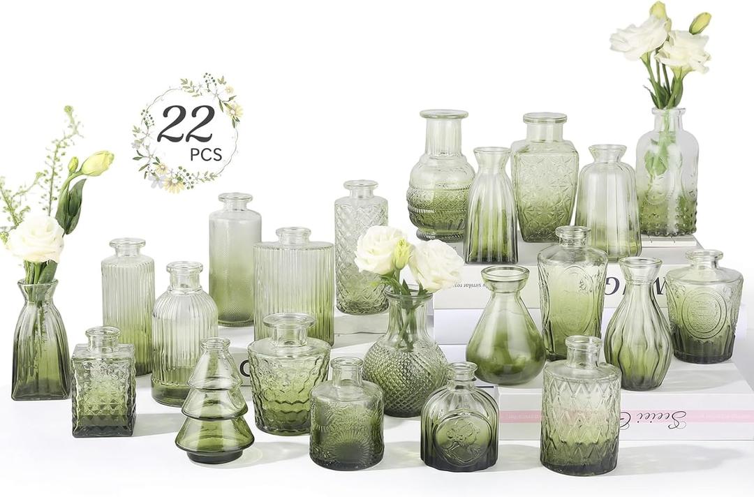 RUCKACE Bud Vases in Bulk 22 Green Glass Small Vases Flower Vase Bulk for Centerpiece Table Wedding Decorations Home Decor Party(Gradient Green 22 Pack)