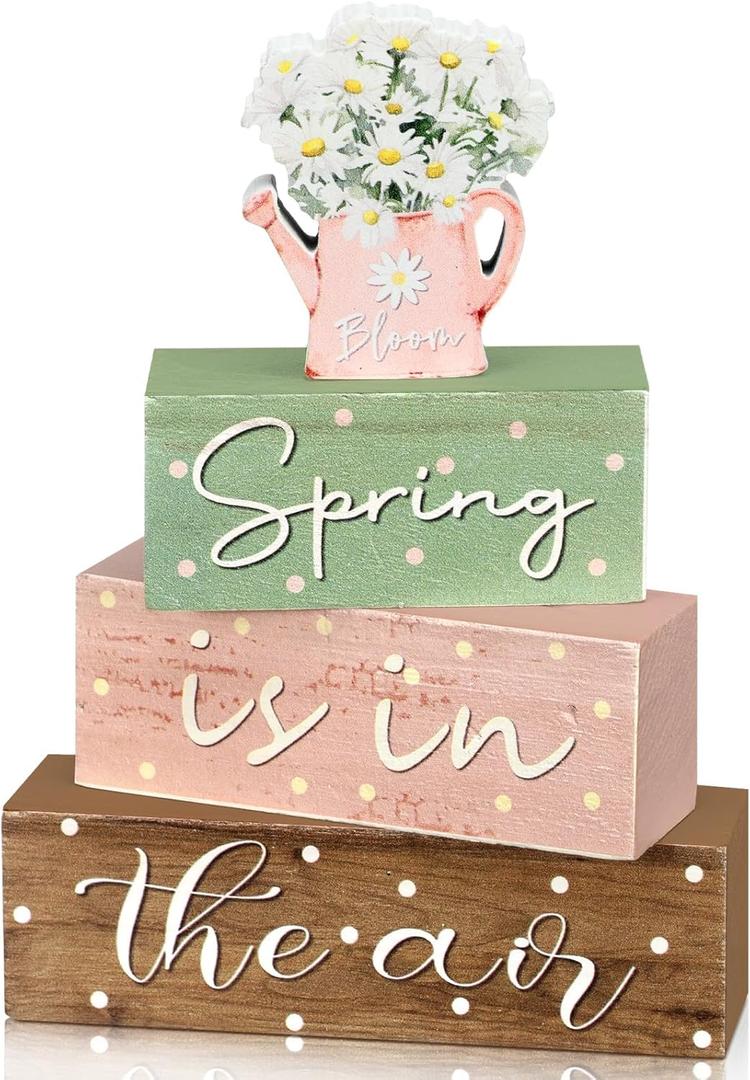 Yalikop 4 Pcs Spring Daisy Table Decorations Spring Tiered Tray Decor Daisy Wooden Block Sign Farmhouse Rustic Table Decor Centerpiece for Party Desk Home