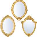 3 Styles Vintage Gold Mirrors Set Decorative Oval Wall Mirror Small Antique Mirrored Tray Decorative Retro Hanging Mirror for Bathroom Bedroom Jewelry Organizer Victorian Decor(Gold)