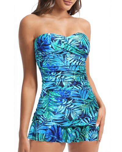 Holipick Women's Green Leaves Floral Tummy Control One Piece Swim Dress Strapless Swimsuit Bandeau Skirted Bathing Suits XL
