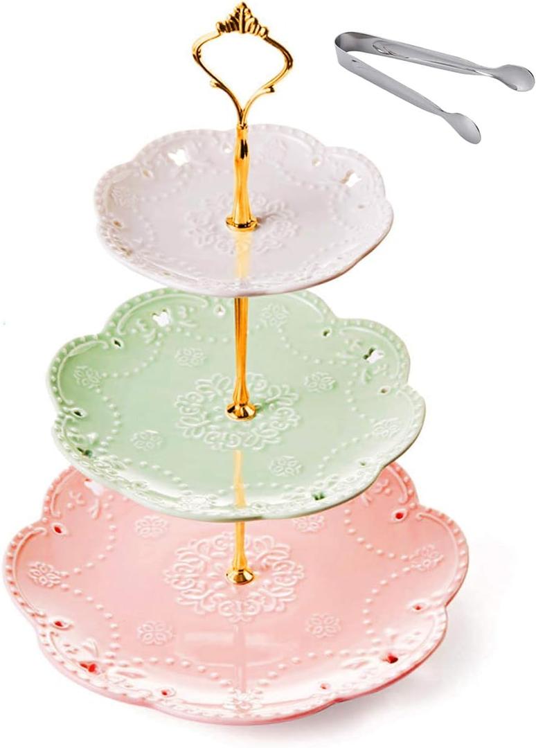 3-Tier Ceramic Serving Stand,Cake Stand-Dessert Stand-Cupcake Stand-Tea Party Serving Platter (3 Color-Gold)