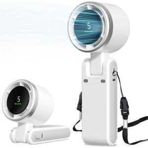Portable Fan, Mini Fan, Handheld Turbo Fan, Portable Rechargeable Fan, 5-Speed, LED Display, Foldable Design (White)