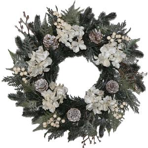 20 Glitter Pine Christmas Winter Wreath with Metallic Silk Hydrangea Pinecone & White Berry Mixed with Norfolk Cypress Cedar & Spruce, Wreaths for Front Door Porch Mantel & Fireplace Decor