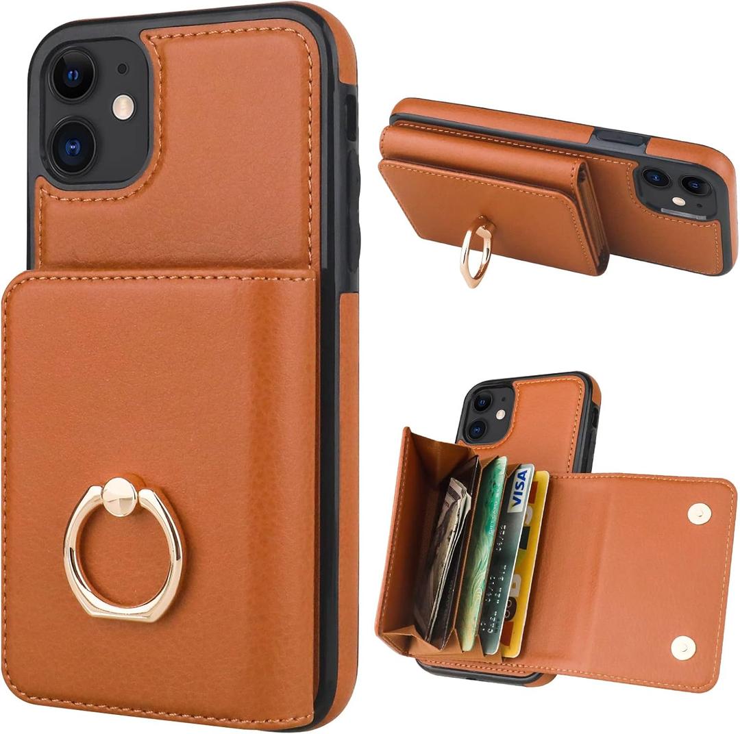 Folosu for iPhone 11 Wallet Case with Card Holder, Leather 4 Card Slots Case, 360°Rotation Ring Holder Kickstand, RFID Blocking Double Magnetic Clasp Protective Durable Cover 6.1 Inch Brown