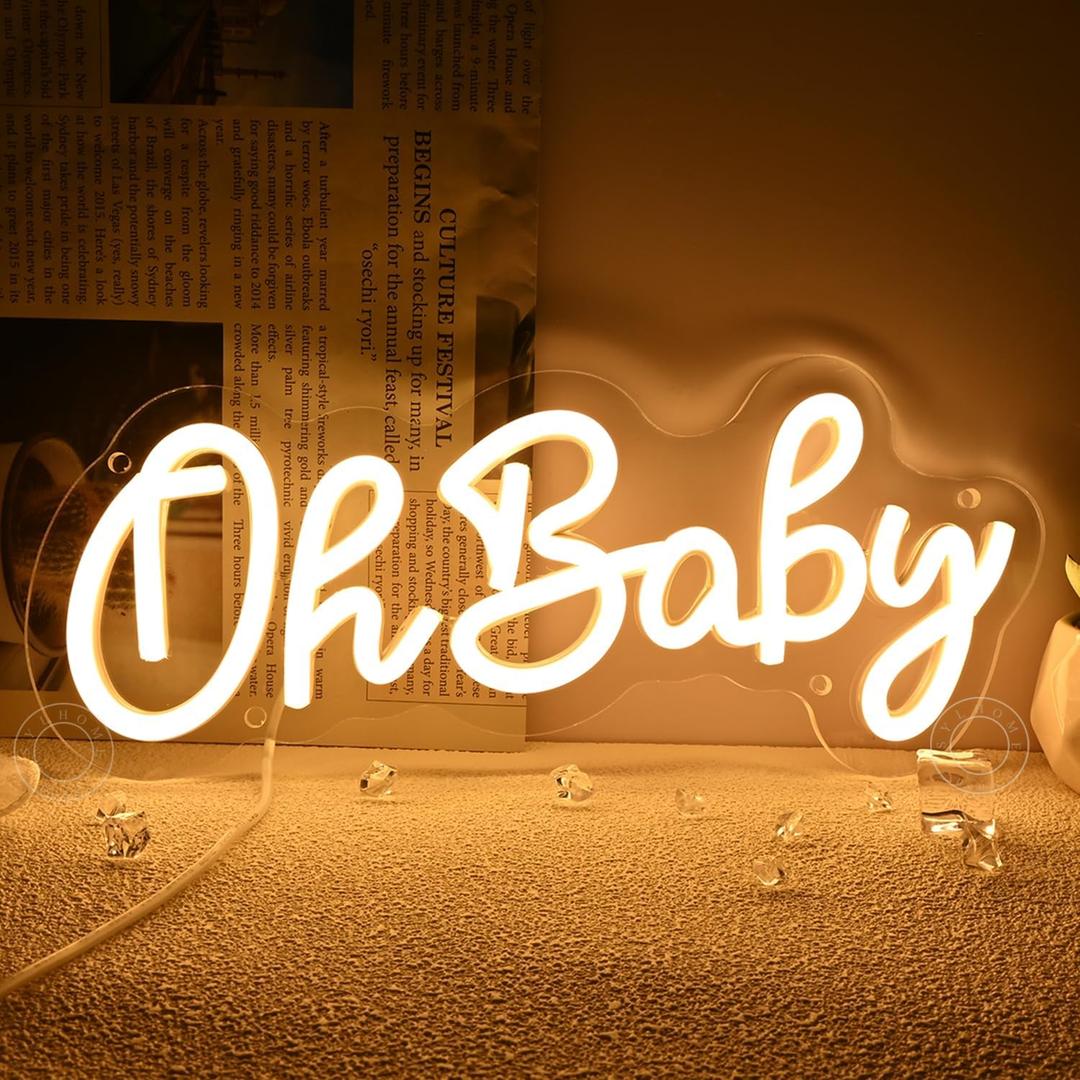 SYLHOME Oh Baby Led Neon Light Sign Nursery Bedroom Wall Decor Sign Baby Shower Kids Birthday Christmas Party Backdrop Decor 11.8" X 5.1" USB