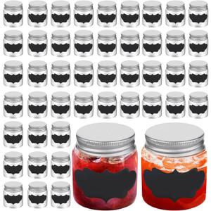 2oz Mini Mason Jars with Silver Lids, 48 Pack Clear Glass Jars Ginger Shots Bottles and 48 Pcs Labels,Glass Spice Jars,Small Mason Juice Bottles for Jam, Honey, Wedding Favors,Shower Favors