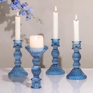 Blue Candlestick Holders Set of 4 - Vertical Stripe Glass Candle Holders for Candlesticks and Taper Candles, Taper Candle Holder for Wedding Shower, Party, Dinner Table Decor (2 Pcs Missing)