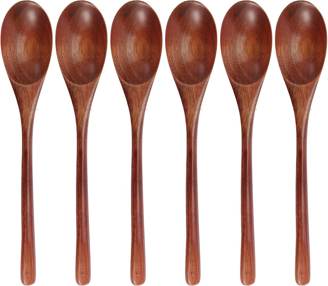 Wooden Spoons, 6 Pieces 9 Inch Wood Soup Spoons for Eating Mixing Stirring, Long Handle Spoon with Japanese Style Kitchen Utensil, ADLORYEA Eco Friendly Table Spoon (Nanmu, 9 Inch)
