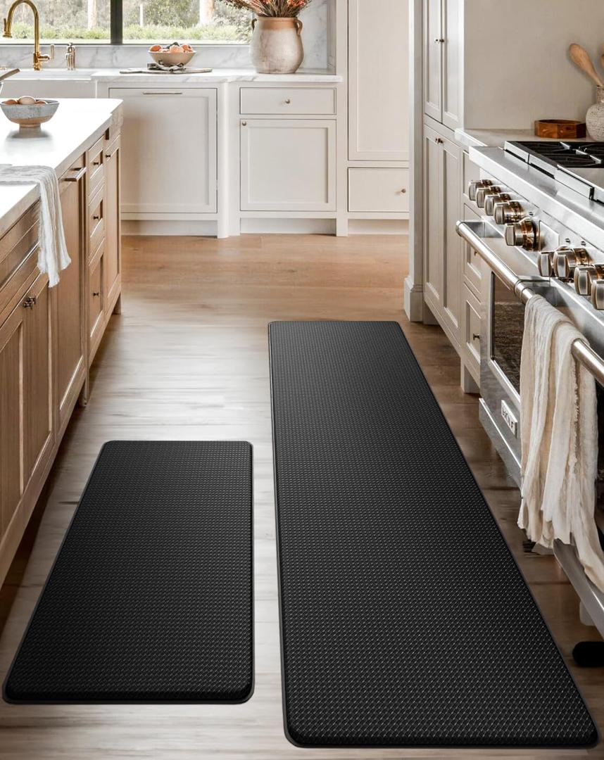 Homergy Anti Fatigue Kitchen Mats for Floor 2 PCS, Memory Foam Cushioned Rugs, Comfort Standing Desk Mats for Office, Home, Laundry Room, Waterproof & Ergonomic, 17.330.3 & 17.359, Black