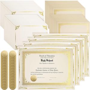 Fainne 100 Sets Certificate Paper Kit Single Sided Awards Holder with Foil Border for 8.5 X11 Certificate Covers Foil Award Seals Stickers Diploma Covers(Beige with Gold Foil)