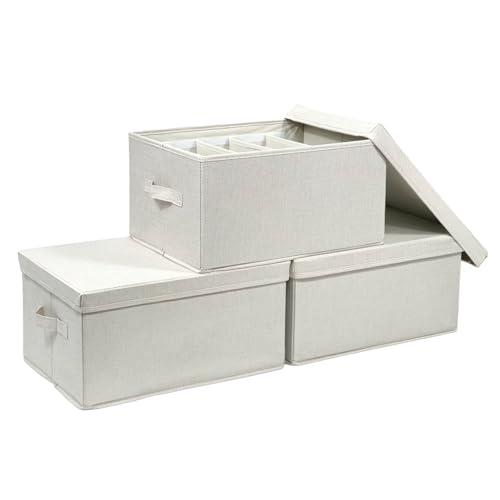 ChicnChill Foldable Closet Storage Box With Adjustable Dividers, Pack 3, Made in Vietnam Drawer Storage Organizer, 17.3x13.4x9.4 inch Fiber Bins for Smart Organizing, Durable Oxford Boxes (Beige)