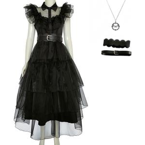 Halloween Women Black Gothic Tulle Cosplay Dress Party Ruffle Layered Prom Dance Costume Belt Necklace (Medium)