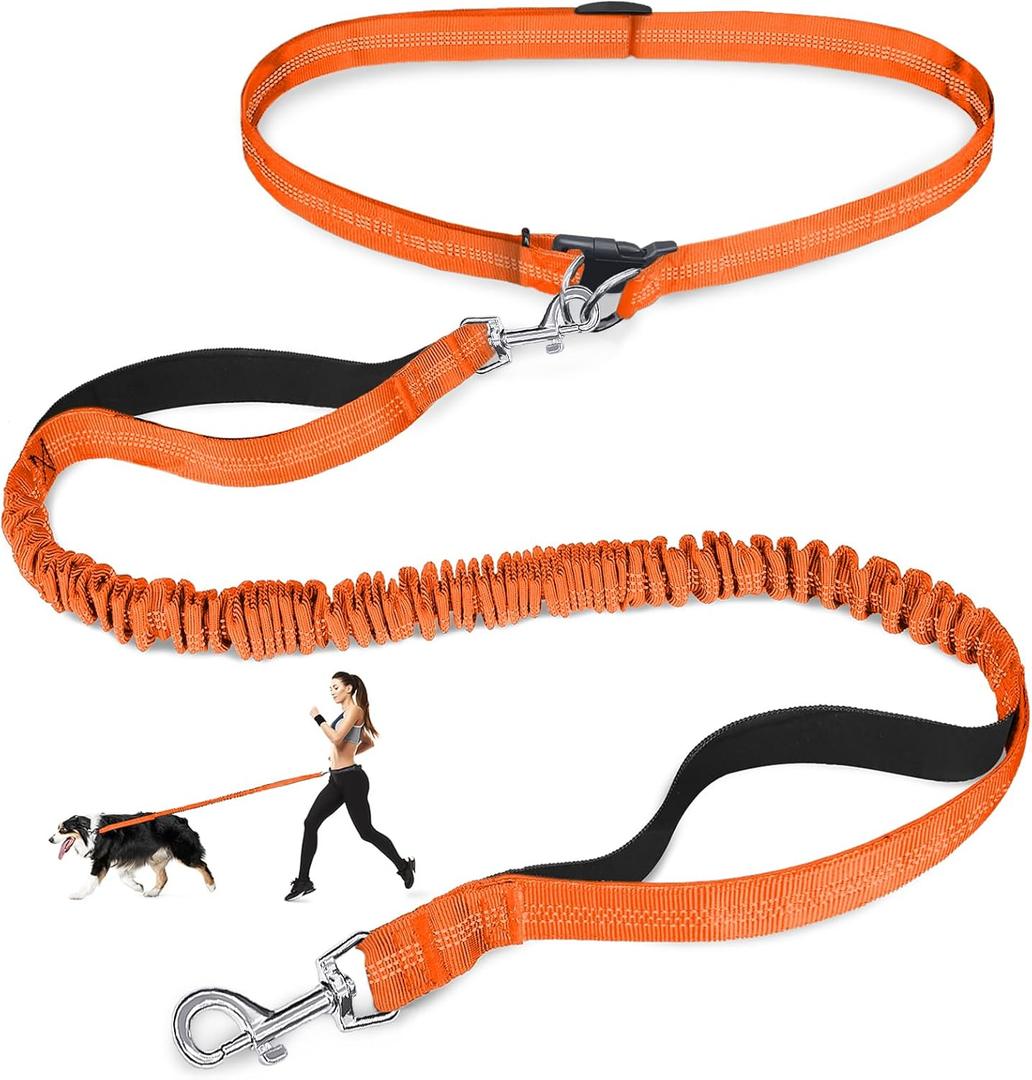 Hands Free Dog Leash, Adjustable Waist Leash for Dog Walking, Dual Bungee 4.2-6.7 Feet Long with Reflective Stitches for Walking Hiking Running, Fits 26"- 43" Inch Waist, Orange