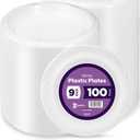 Munfix 100 Pack White Plastic Dinner Plates, 9 Inch Disposable Plates, Bulk Pack for Party, BBQ, Picnic, Parties, Travel and Events, Microwavable Recyclable