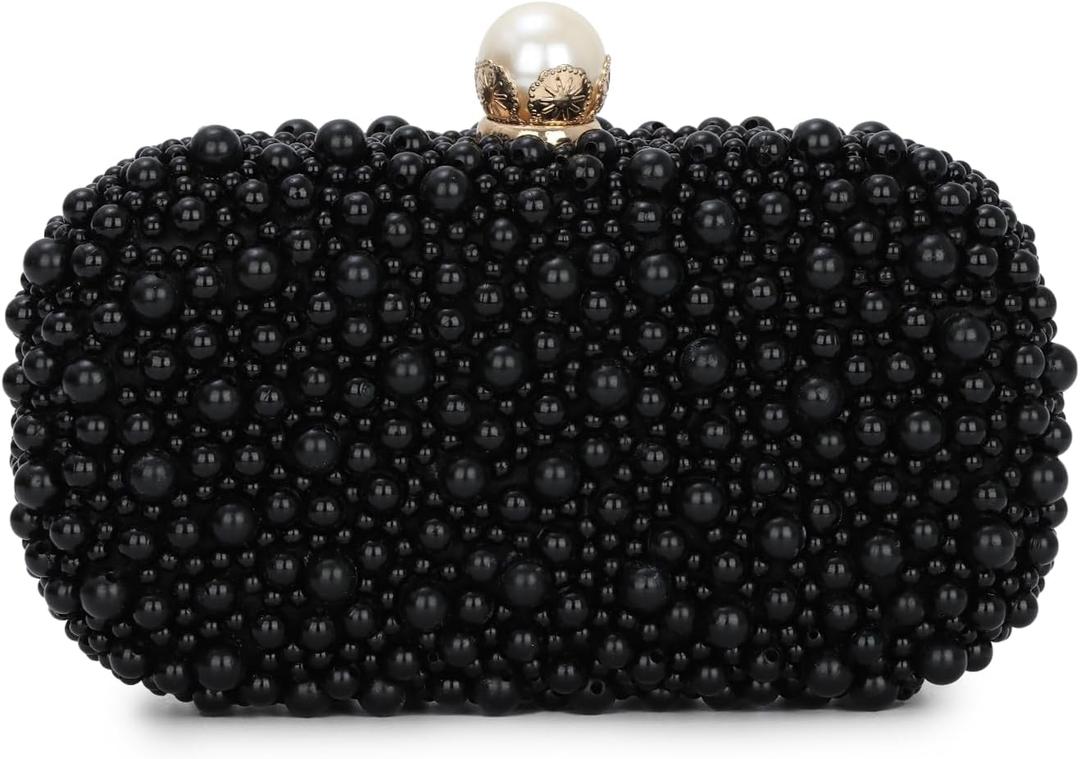 Oweisong Pearl Clutch Purses for Women Beaded Clutch Bag Formal Wedding Bride Evening Bag Party Tote Handbag (Black)