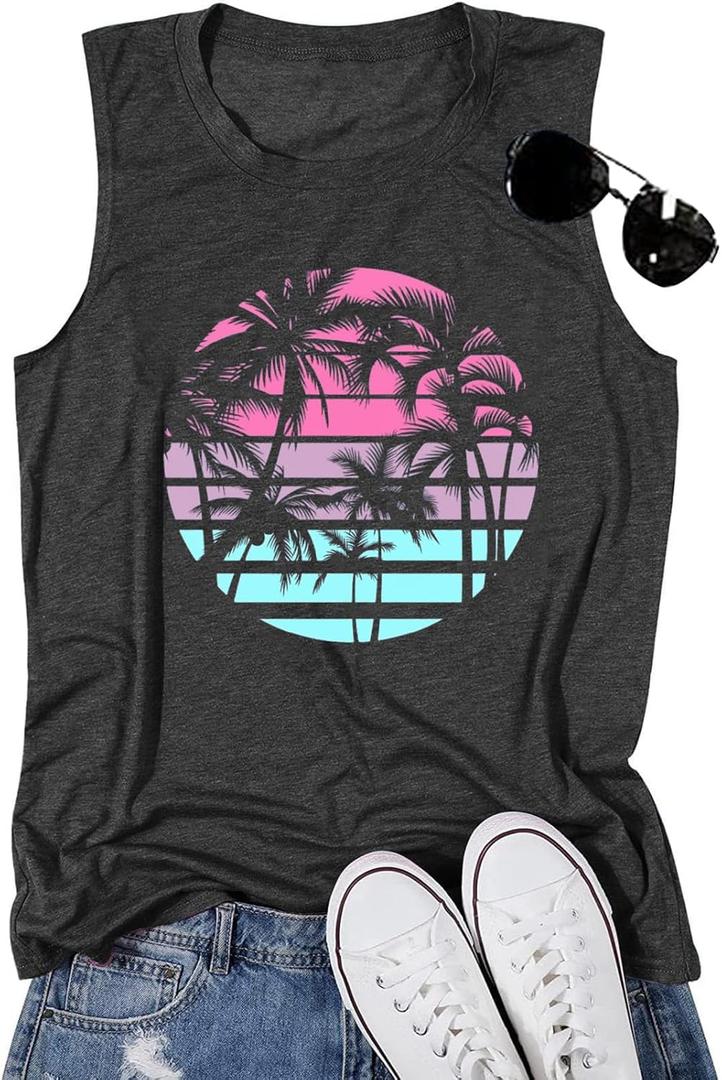 Hawaiian Beach Tank top for Women Summer Palm Tree Graphic Vacation Tops (X-Large, Palm Dark Grey)
