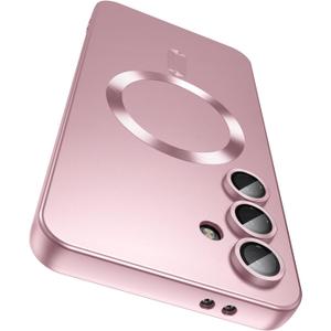 Magnetic for Samsung Galaxy S25 Case [Compatible with MagSafe][Built-in Camera Lens Protector] Slim Soft Silicone Bumper Shockproof Metallic Luster Phone Case (Rose Gold)