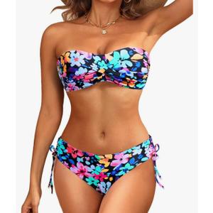 Women's Strapless Bandeau Bikini Set - Twist Front Two Piece Swimsuit Top with Side Tie Bathing Suit Bottom L
