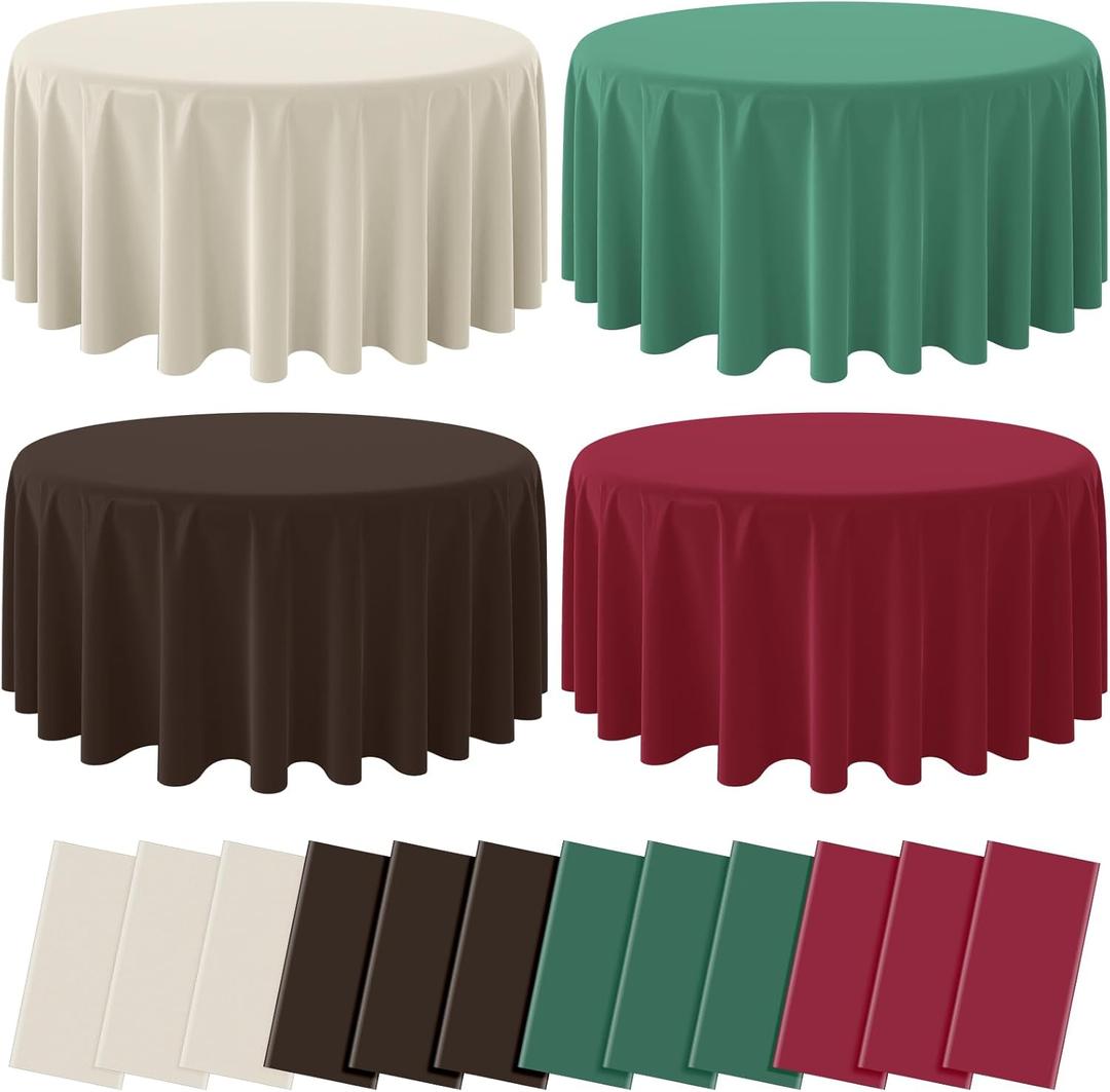 12 Pcs Plastic Christmas Tablecloth Round Bulk, Disposable Beige Brown Green & Wine Red Party Tablecloth, Xmas Table Cover for Picnic Birthday Christmas Party Supplies, 84x84 Inch