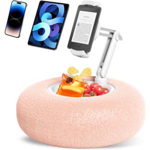 Pillow Stand Holder for Kindle Tablet iPad with Snack Bowl, Lap Cozy Pillow Stand Holder for Reading in Bed for 4.7"-11" Kindle, Tablet, iPad, iPhone, Google, Samsung (Pink)