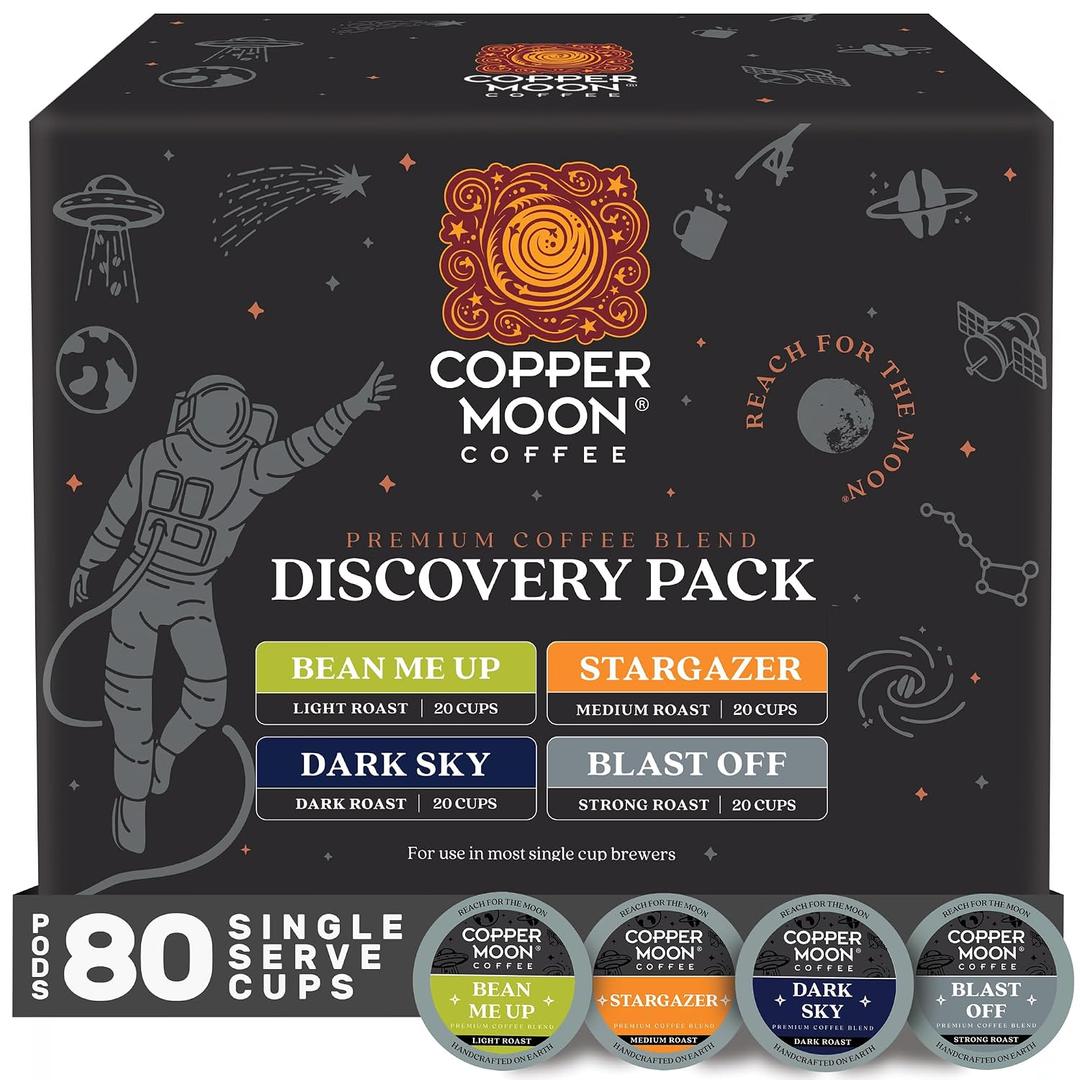 Copper Moon K-Cup Coffee Pods, Discovery Variety Pack, 80 Count | 20 Light Roast Bean Me Up, 20 Medium Roast Stargazer, 20 Dark Roast Dark Sky, 20 Strong Roast Blast Off, For K-Cup Brewers (EXP 05/20/28)