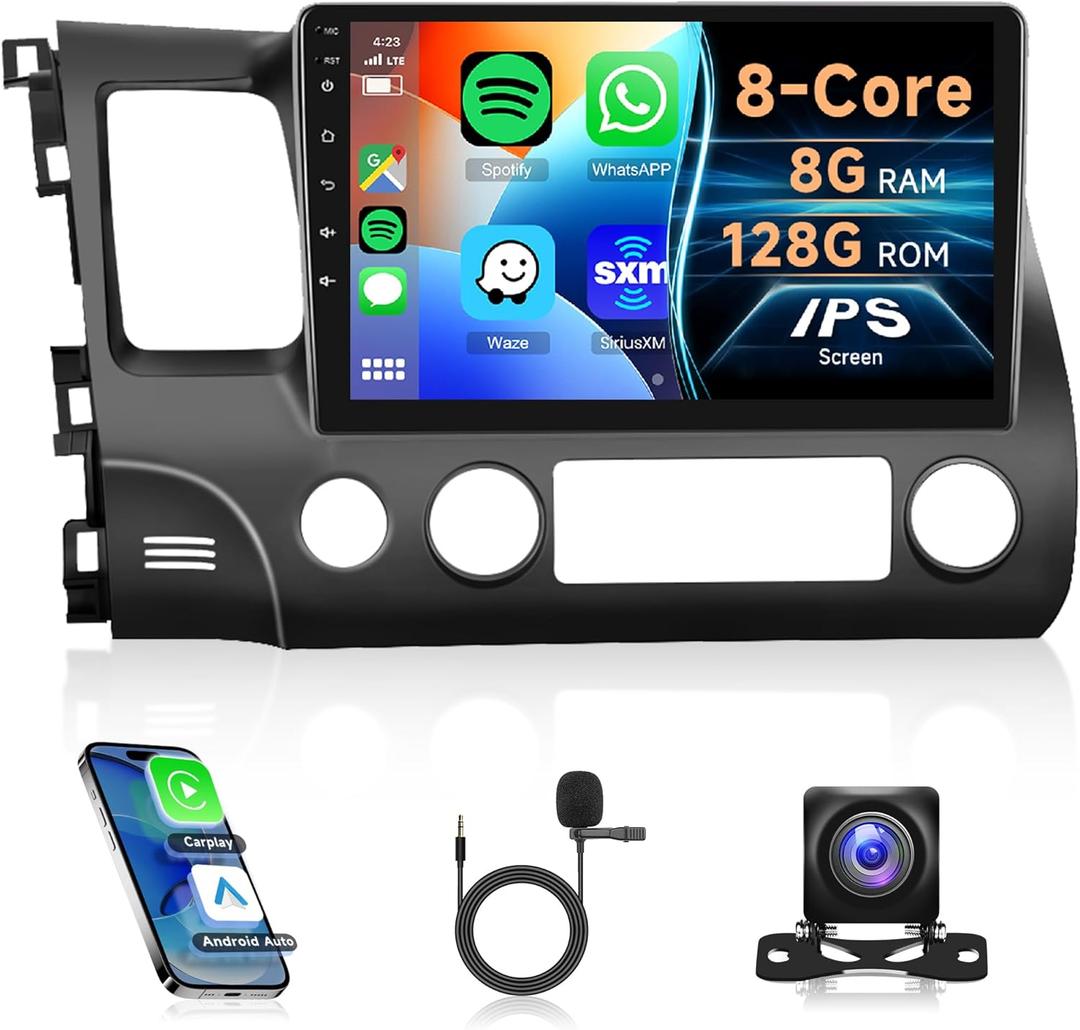 8Core 8G+128G Android 15 CAR Radio for Honda Civic 2006-2011, Rimoody Car Stereo Wireless Carplay and Android Auto GPS WiFi-4G-SIM 10.1 Inch QLED Capacitive Screen Bluetooth 5.0 FM/AM/RDS DSP-36