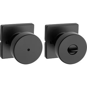 Kwikset Pismo Interior Privacy Door Knob with Lock, Door Handle for Bathroom and Bedroom, Matte Black Keyless Turn Lock Doorknob, with Microban Protection, Square Rose
