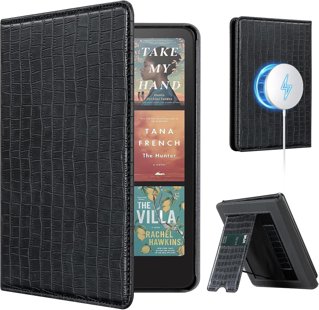 CoBak Stand Case for 7" Kindle Paperwhite 12th Gen 2024 and Kindle Colorsoft with Hand Strap - Compatible with iPhone MagSafe, for Samsung/Belkin/Anker Wireless Charging Pads, Durable, Auto Sleep Wake (*Croco Black)