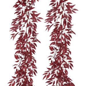 RECUTMS Artificial Hanging Willow Leaves Vine Twigs 2Pcs 5.7Ft Fake Silk Burgundy Leaf Ivy Fall Garland Faux Greenery Indoor Outdoor Valentines Day Wedding Birthday Christmas Thanksgiving Party Decor