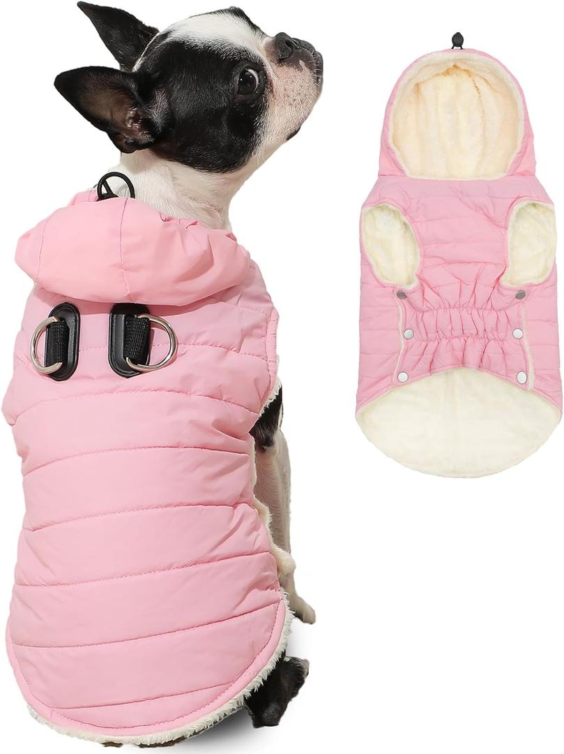 Fleece Lining Dog Hoodie with Harness Built in,Extra Warm Small Dog Jacket in Winter Puppy Coats with Drawstring Hooded,Light Pink Small