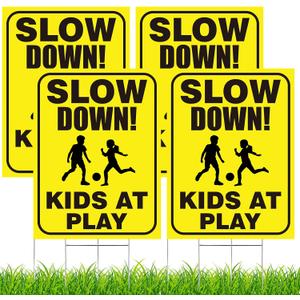 4 Pieces Slow Down Kids At Play Sign with Metal Stake, 12 x 16 Inch Kids At Play Safety Signs, Double Sided Child Safety Caution Signs, Children Sign for Street, Lawn Neighborhoods, Yellow