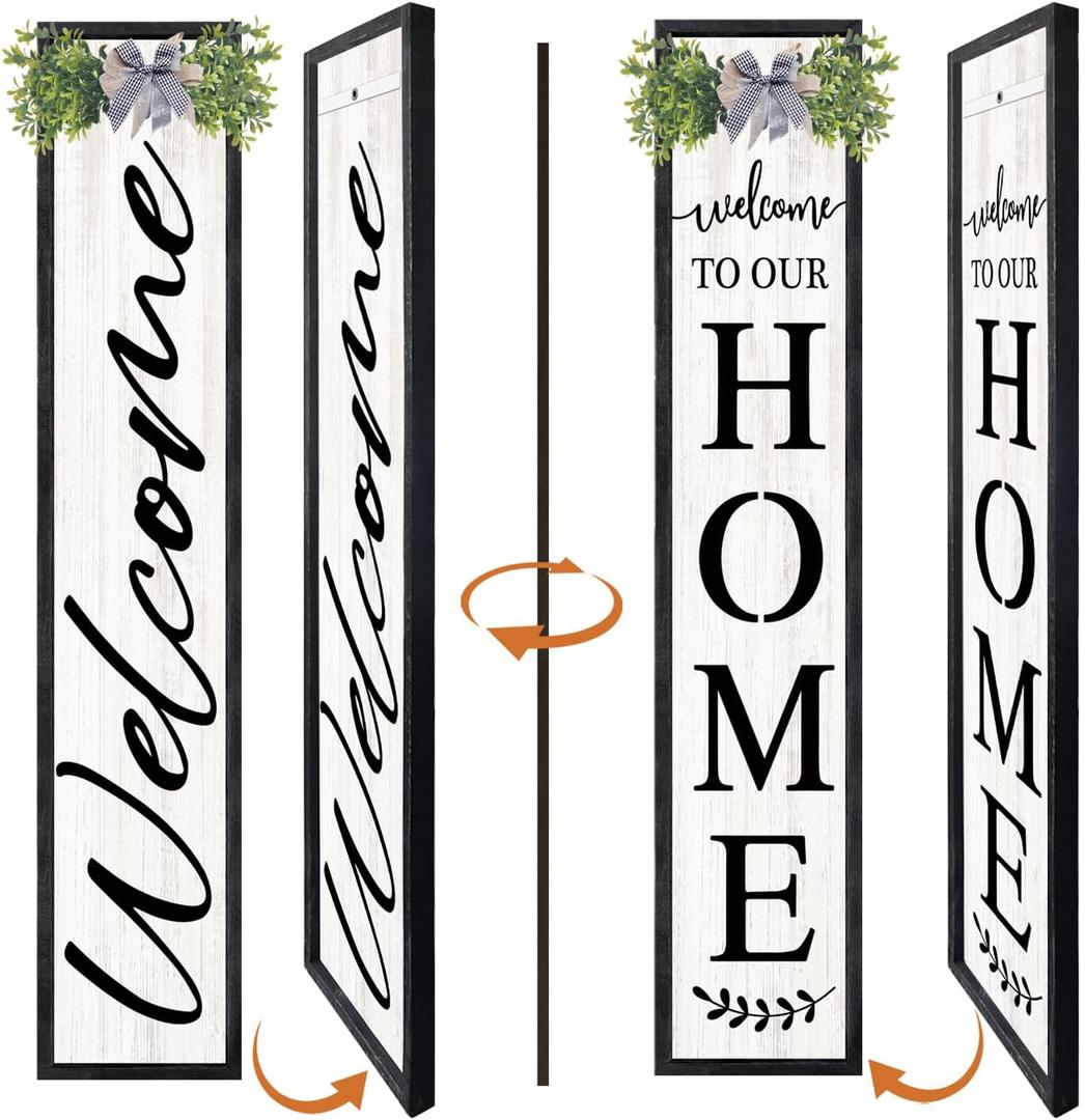 Welcome to Our Home Sign for Front Porch - 45"X9" Farmhouse Double-Sided Wooden Vertical Welcome Sign with Flowers Decor, Tall Outdoor Patio Garden Decor