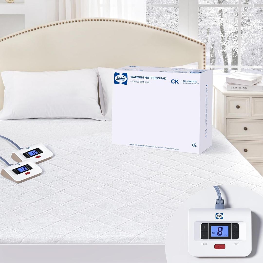 Sealy Heated Mattress Pad Cal King Size, Plush Top, Coral Fleece Electric Bed Warmer with Dual Controller, 10 Heat Settings, Auto Off 1-12 Hours, Fit Up to 17" Deep Pocket, Machine Washable 72"x84"