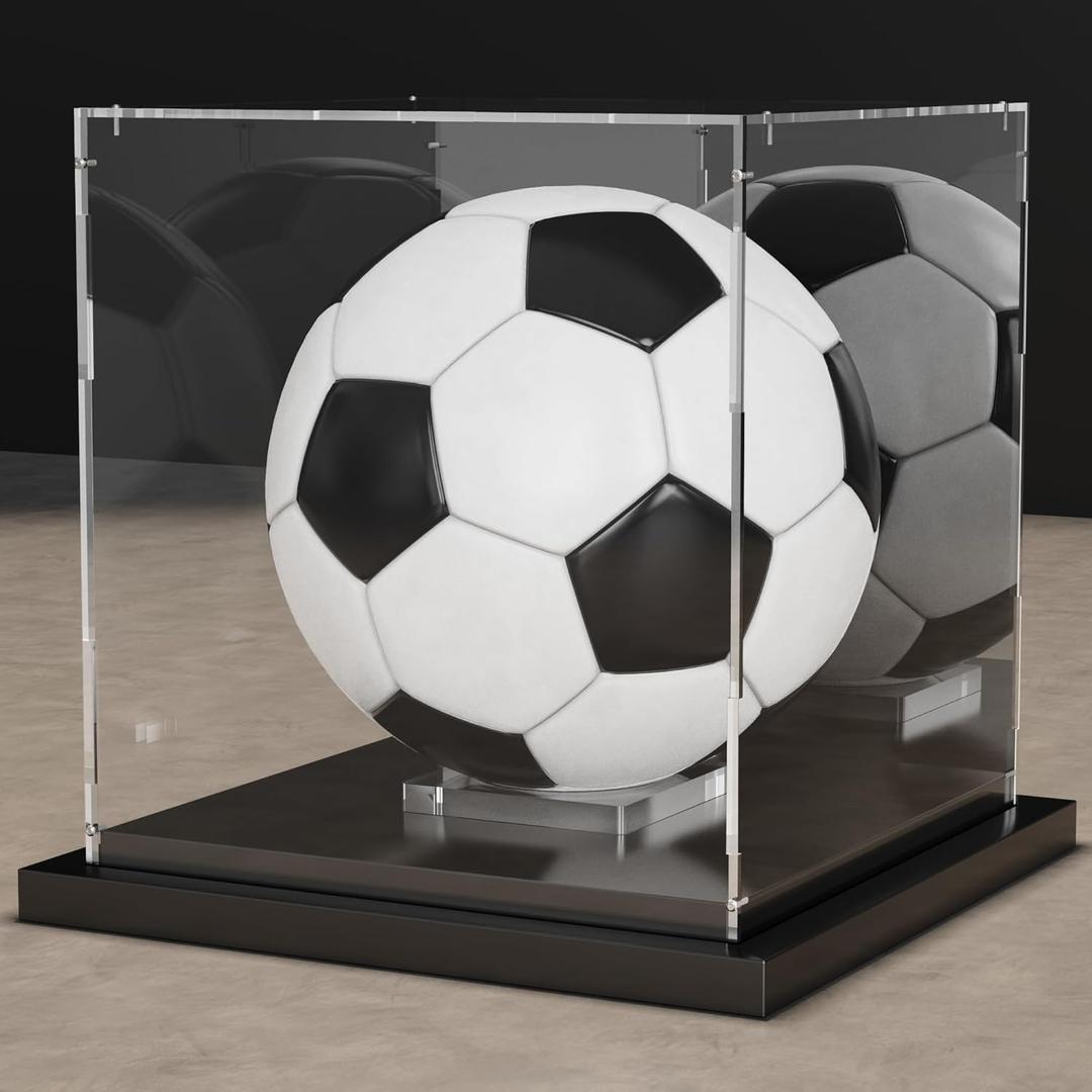 Putros Soccer Ball Display Case with Mirror and Black Metal Grooved Base Acrylic Ball Case with Transparent Removable Built-in Display Stand for Autographed Volleyball