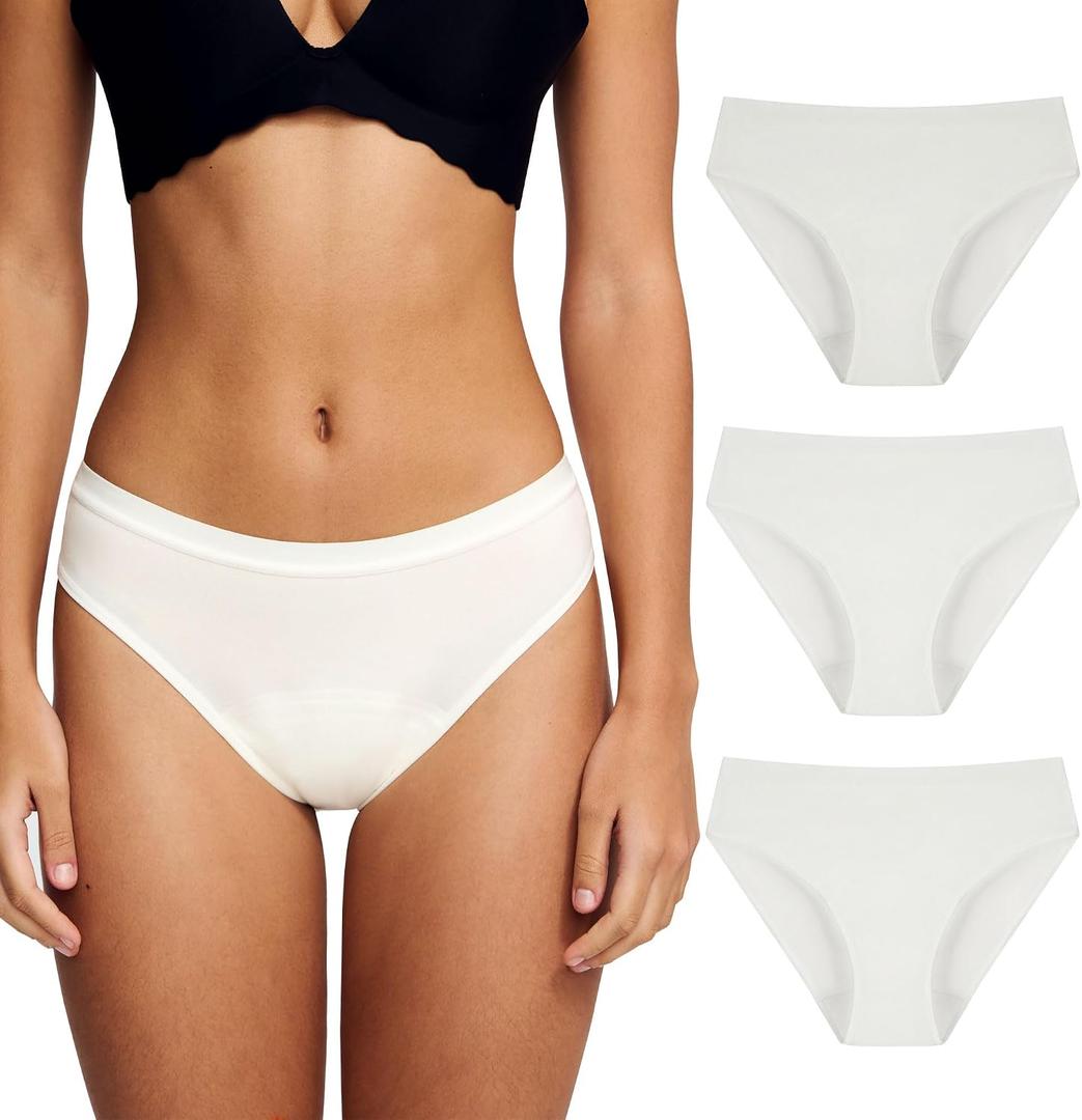 Battewa Leak Proof Underwear for Women Incontinence Underwear Teens Ladies Cotton Leakproof Panties Bikini Absorbent 40ml,3Pack (3White,Large)