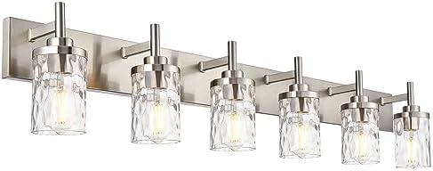 QueeuQ 6 Light Bathroom Vanity Light Wall Sconce Lighting Brushed Nickel Modern Bathroom Wall Light Fixture with Clear Hammered Wall Lamp for Kitchen Living Room Bedroom