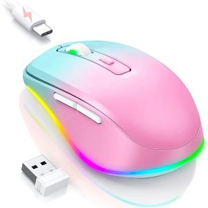 PEIOUS Wireless Mouse Jiggler - LED Wireless Mice with Build-in Mouse Jiggler Mover, Rechargeable Moving Mouse for Computer with Undetectable Random Movement Keeps Computer Awake - Gradient Pink
