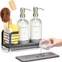 Kitchen Soap Dispenser Set with Drying Tray  16oz Glass Bottles with Stainless Steel Pumps, Black Sink Organizer Caddy with Brush Holder & Non-Slip Feet  All-in-One Dish & Hand Soap Station