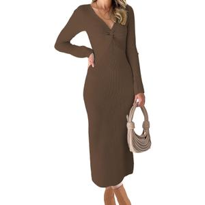 RAISECOM Womens Ribbed Knit Maxi Dresses Long Sleeve V Neck Casual Sweater Dress Bodycon Midi Dress (Brown), XL